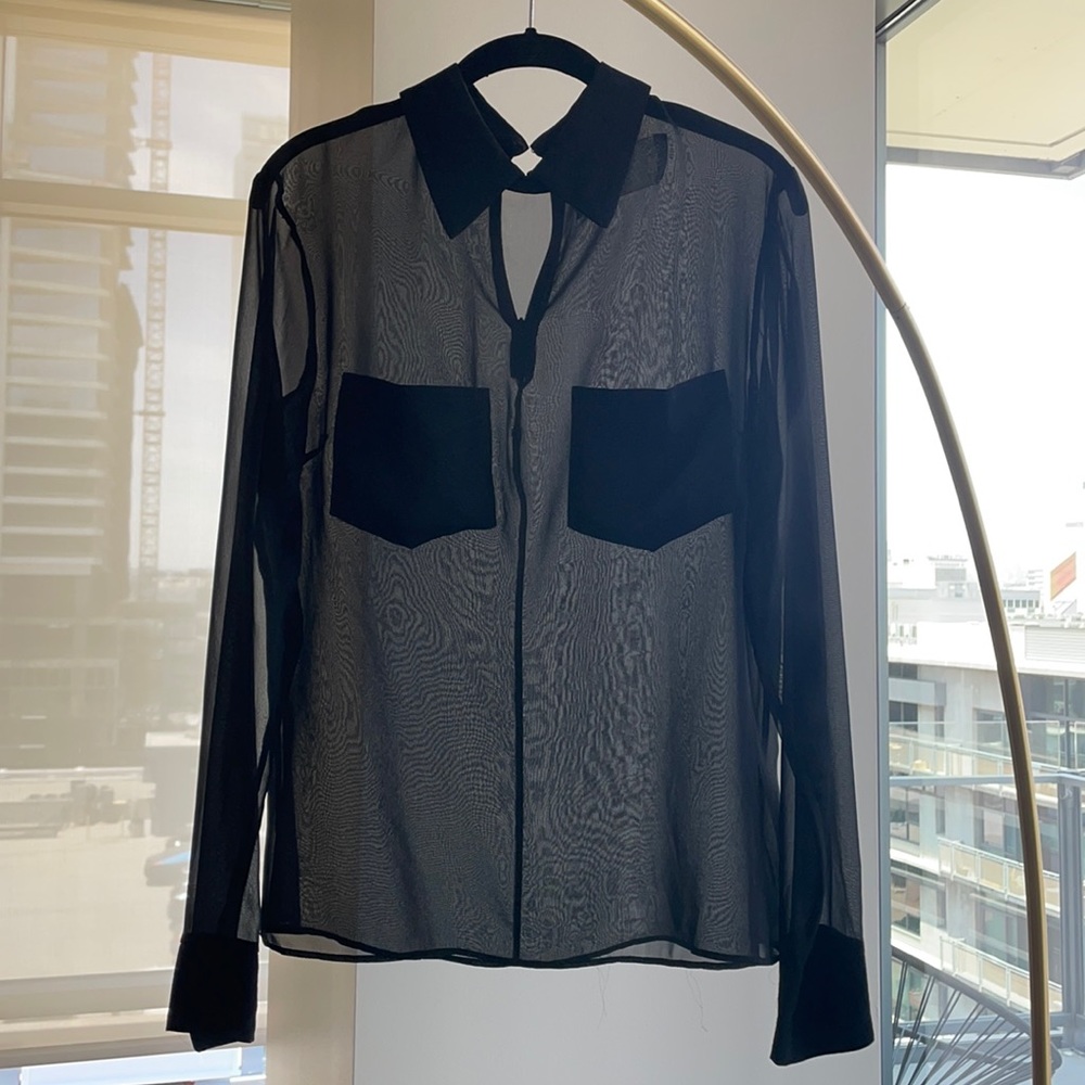 NWOT REFORMATION Sheer Mesh Black Long-Sleeve Top with Pockets and Collar M/L
